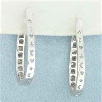 Reversible Diamond Sun Moon Stars Hoop Earrings in 14k White Gold