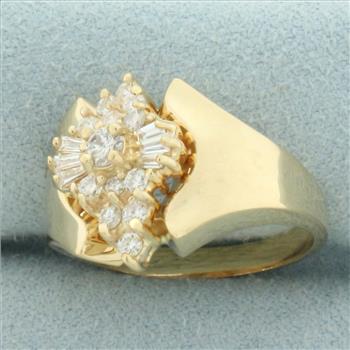 Round and Baguette Diamond Cocktail Ring in 14k Yellow Gold