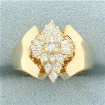 Round and Baguette Diamond Cocktail Ring in 14k Yellow Gold