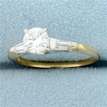 Round and Baguette Diamond Engagement Ring in 14K Yellow and White Gold