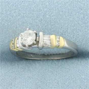 Round and Baguette Diamond Engagement Ring in 14k Yellow and White Gold