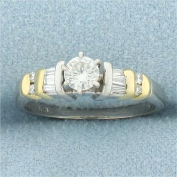 Round and Baguette Diamond Engagement Ring in 14k Yellow and White Gold