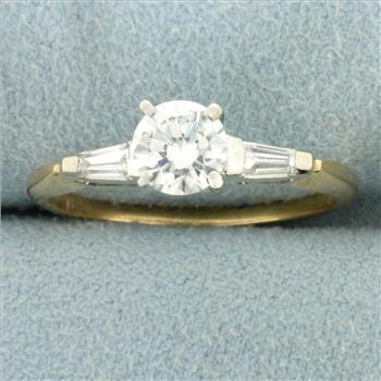 Round and Baguette Diamond Engagement Ring in 14K Yellow and White Gold