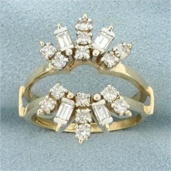 Round and Baguette Diamond Ring Jacket in 14K Yellow Gold