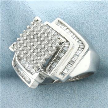 Round and Baguette Diamond Statement Ring in 14k White Gold