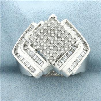 Round and Baguette Diamond Statement Ring in 14k White Gold