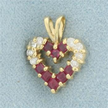 Ruby and Diamond Heart Pendant in 14k Yellow Gold