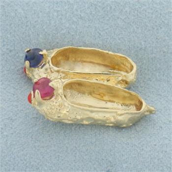 Ruby and Sapphire Ballet Slippers Charm or Pendant in 14k Yellow Gold