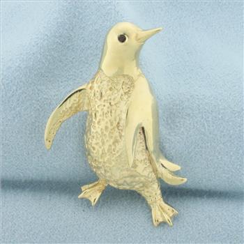 Ruby Dancing Penguin Pin in 14k Yellow Gold