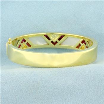 Ruby, Mother of Pearl and Diamond Bangle Bracelet in 18K Yellow Gold