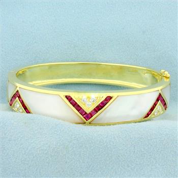Ruby, Mother of Pearl and Diamond Bangle Bracelet in 18K Yellow Gold
