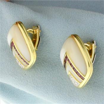 Ruby, Mother of Pearl and Diamond Clip On Earrings for Non Pierced Ears in 14K Yellow Gold