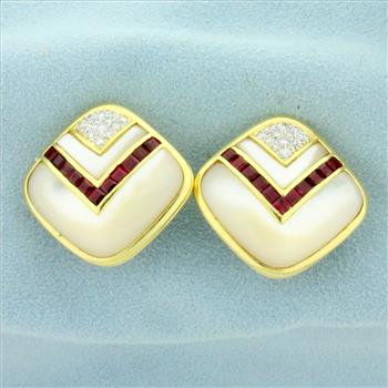 Ruby, Mother of Pearl and Diamond Clip On Earrings for Non Pierced Ears in 14K Yellow Gold