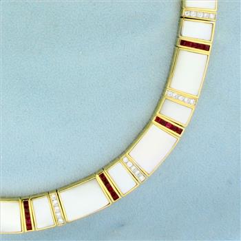 Ruby, Mother of Pearl and Diamond Necklace in 18K Yellow Gold