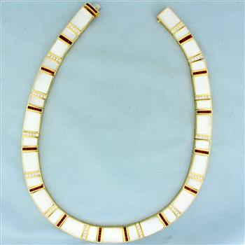 Ruby, Mother of Pearl and Diamond Necklace in 18K Yellow Gold