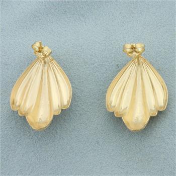 Sandblast Finish Fan Design Earrings in 14k Yellow Gold
