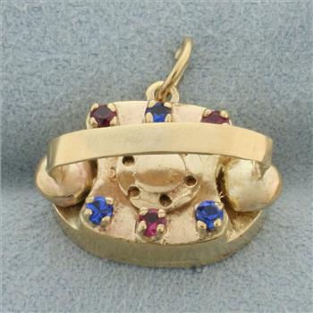 Sapire and Ruby Rotary Telephone Charm in 14k Yellow Gold