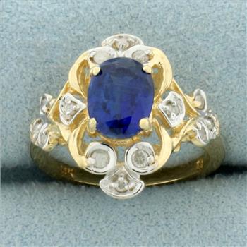 Sapphire and Diamond Scroll Design Ring in 14k Yellow Gold