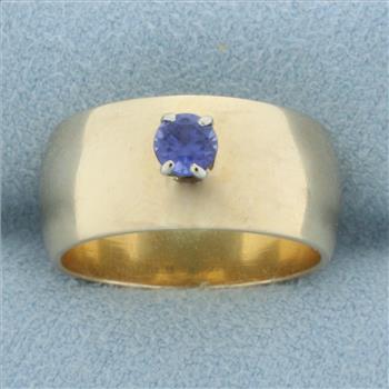 Sapphire Solitaire Wide Band Ring in 14k Yellow Gold