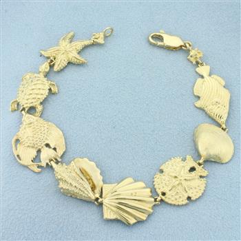 Sea Life Fish Shell Turtle Sand Dollar Starfish Bracelet in 14k Yellow Gold