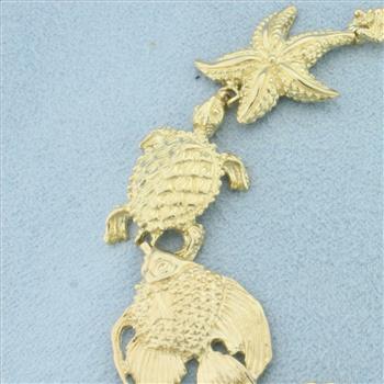 Sea Life Fish Shell Turtle Sand Dollar Starfish Bracelet in 14k Yellow Gold