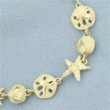 Sea Life Starfish Seashell Sand Dollar Bracelet in 14k Yellow Gold