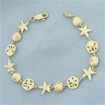 Sea Life Starfish Seashell Sand Dollar Bracelet in 14k Yellow Gold