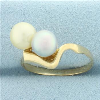 Silver and Cream Cultured Akoya Pearl Toi Et Moi Ring in 14k Yellow Gold