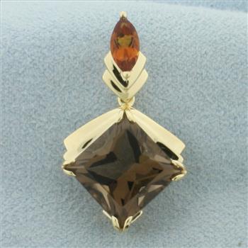 Smoky Topaz and Spessartite Garnet Dangle Pendant Slide in 14k Yellow Gold