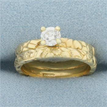 Solitaire Diamond Engagement Ring and Wedding Band Bridal Set in 18K Yellow Gold