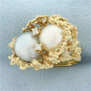 South Sea Pearl, Tahitian Pearl, and Diamond Nest Ring in 14k Yellow Gold