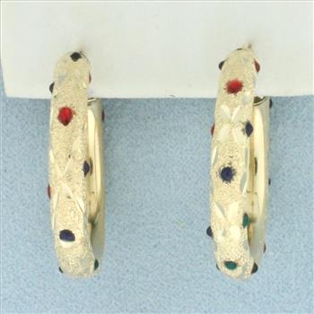 Sparkle Finish Enamel Hoop Earrings in 14k Yellow Gold