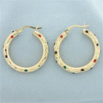 Sparkle Finish Enamel Hoop Earrings in 14k Yellow Gold