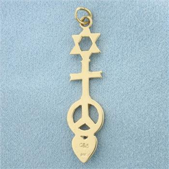 Star of David Cross Peace Sign Heart Pendant in 14k Yellow Gold