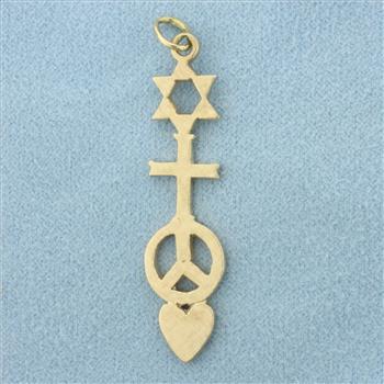 Star of David Cross Peace Sign Heart Pendant in 14k Yellow Gold