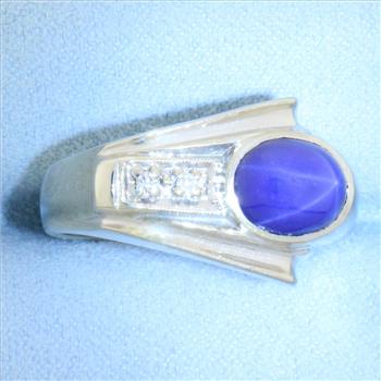 Star Sapphire and Diamond Retro Era Ring in 14k White Gold