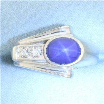 Star Sapphire and Diamond Retro Era Ring in 14k White Gold