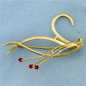 Swan Design Ruby Pin in 14K Yellow Gold