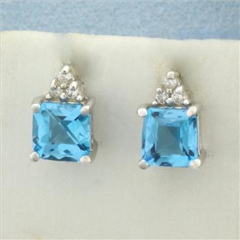 Swiss Blue Topaz and Diamond Earrings in 14k White Gold