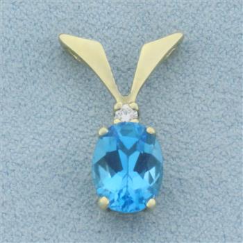 Swiss Blue Topaz and Diamond Pendant in 14k Yellow Gold