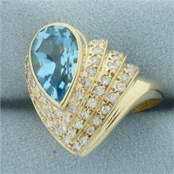 Swiss Blue Topaz and Diamond Statement Ring in 14k Yellow Gold