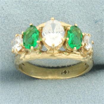 Synthetic Diamond and Emerald 5-Stone Ring in 14k Yellow Gold