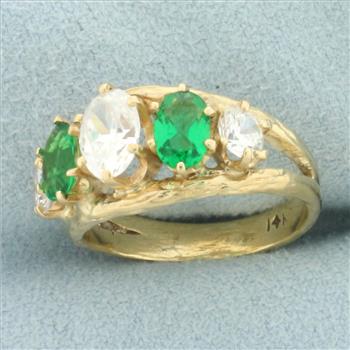 Synthetic Diamond and Emerald 5-Stone Ring in 14k Yellow Gold