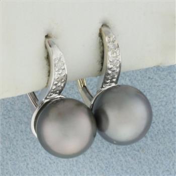 Tahitian Pearl and Diamond Earrings in 14k White Gold