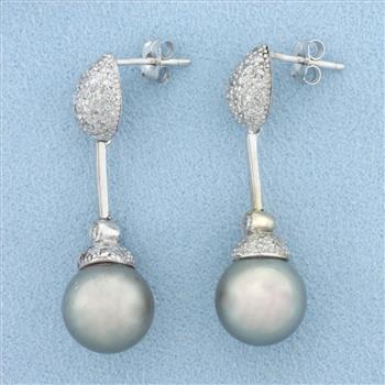 Tahitian Pearl and Pave Diamond Dangle Earrings in 18k White Gold