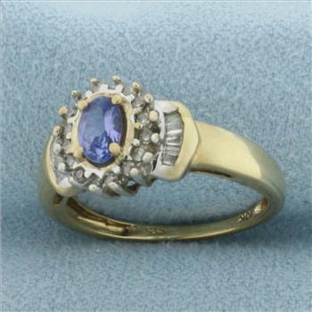 Tanzanite and Diamond Halo Ring in 10k Yellow Gold
