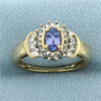 Tanzanite and Diamond Halo Ring in 10k Yellow Gold