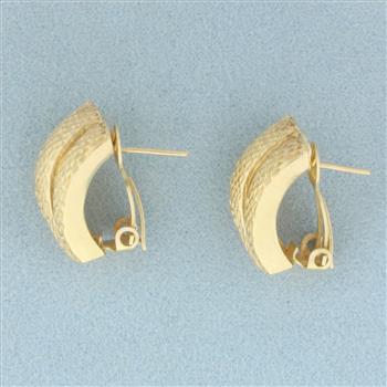 Textured Fan Design J Hoop Earrings in 14k Yellow Gold