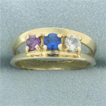 Three Stone Lab Sapphire Ring in 14k Yellow Gold