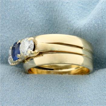 Three Stone Sapphire and Diamond Engagement or Anniversary Ring in 14k Yellow Gold
